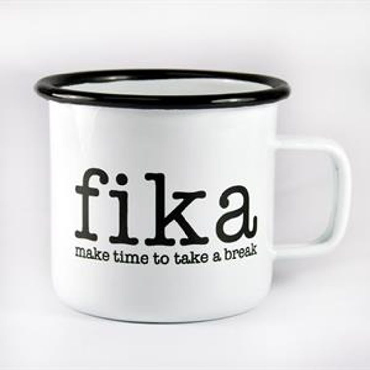Emaljmugg, Make time Fika, vit/svart text