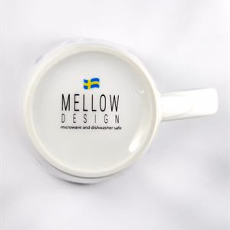 Porslinsmugg, Swedish Fika, vit/blå-gul text