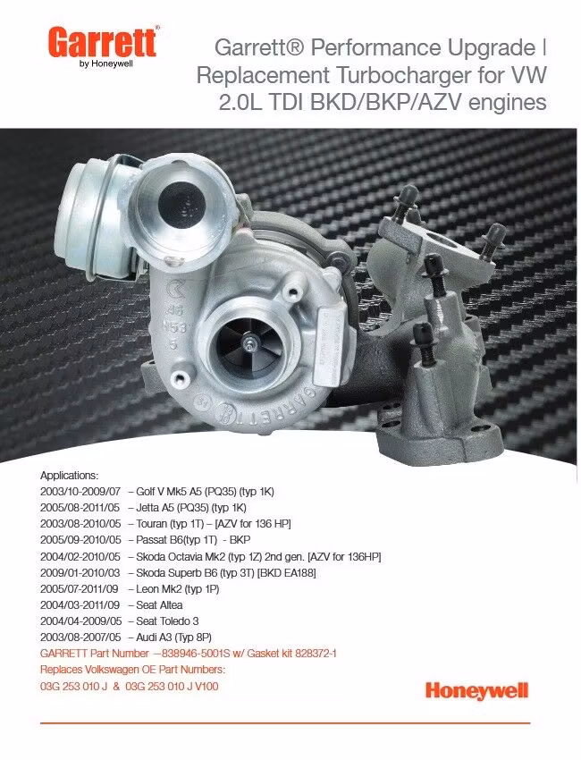 Garrett "bolt on" uppgradering till : 2.0 TDI BKD/BKP/AZV 03G253010J 150-190 hk. ( Volkswagen,Audi,Seat )