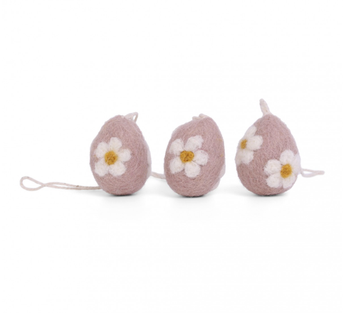 rosa ägg med vita blommor H 3,5 x W 3 cm. set om 3