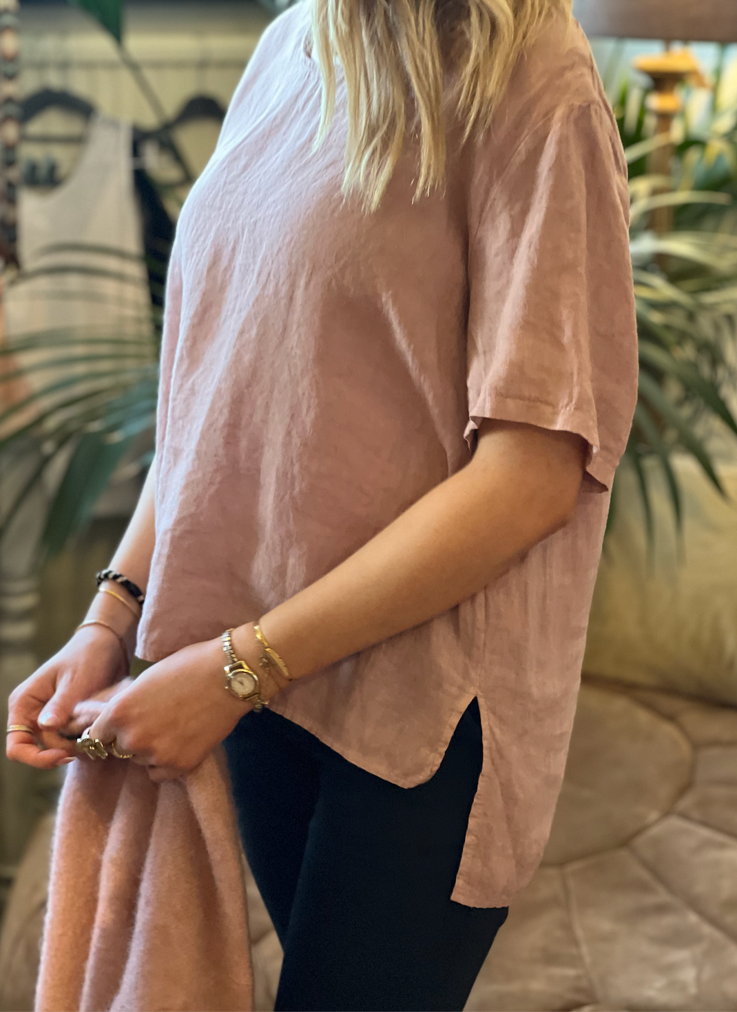 Linen topp always natural by unique kortärm