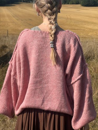 Grovstickad V-Neck Tröja i Rosa – One Size, Oversize