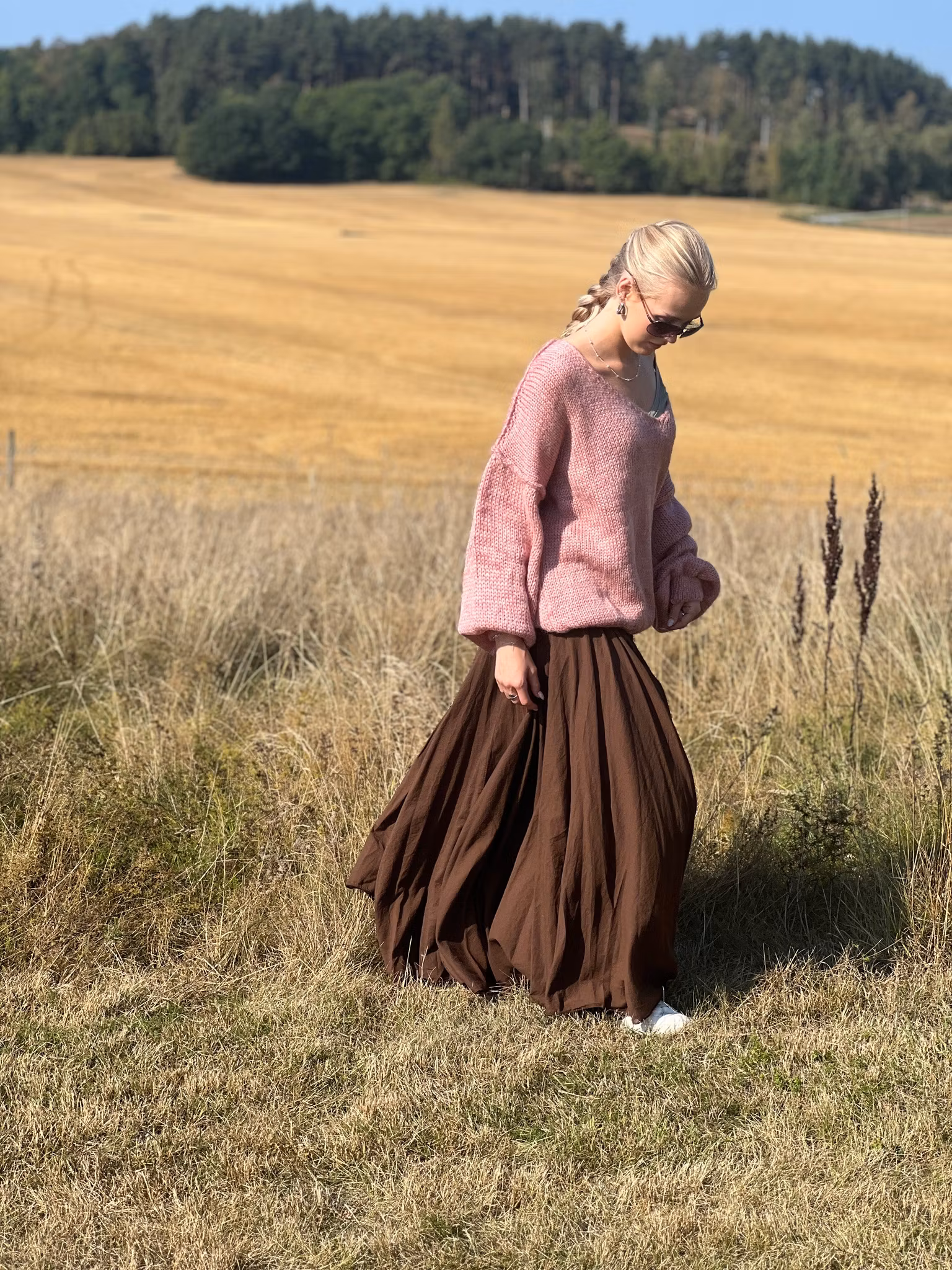 Grovstickad V-Neck Tröja i Rosa – One Size, Oversize
