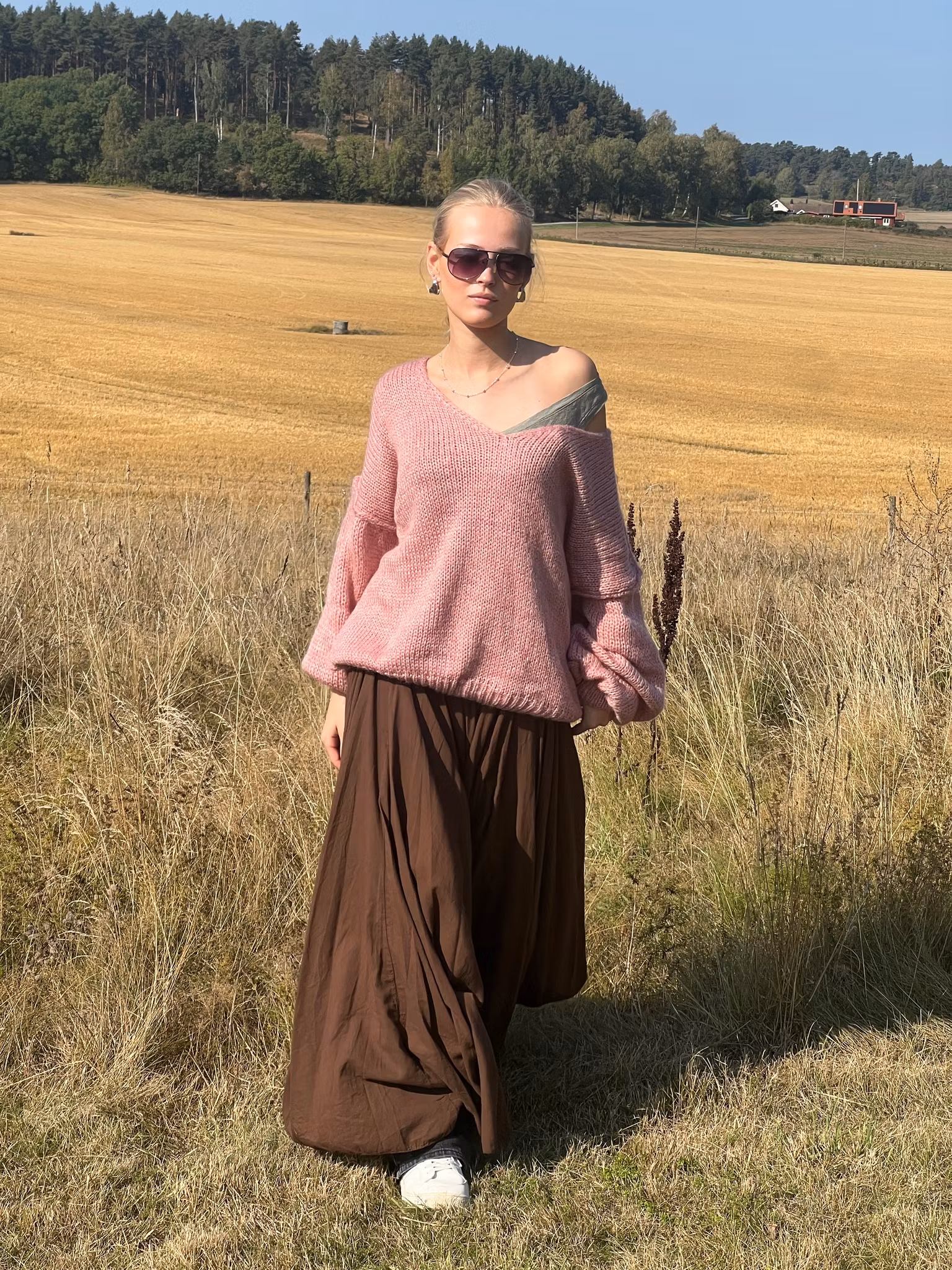 Grovstickad V-Neck Tröja i Rosa – One Size, Oversize