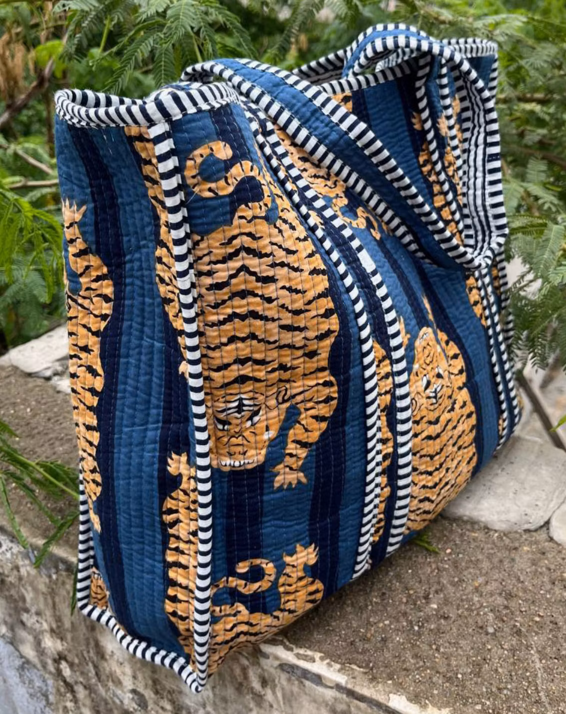 Blue Cotton Quilted Tiger Print Bag