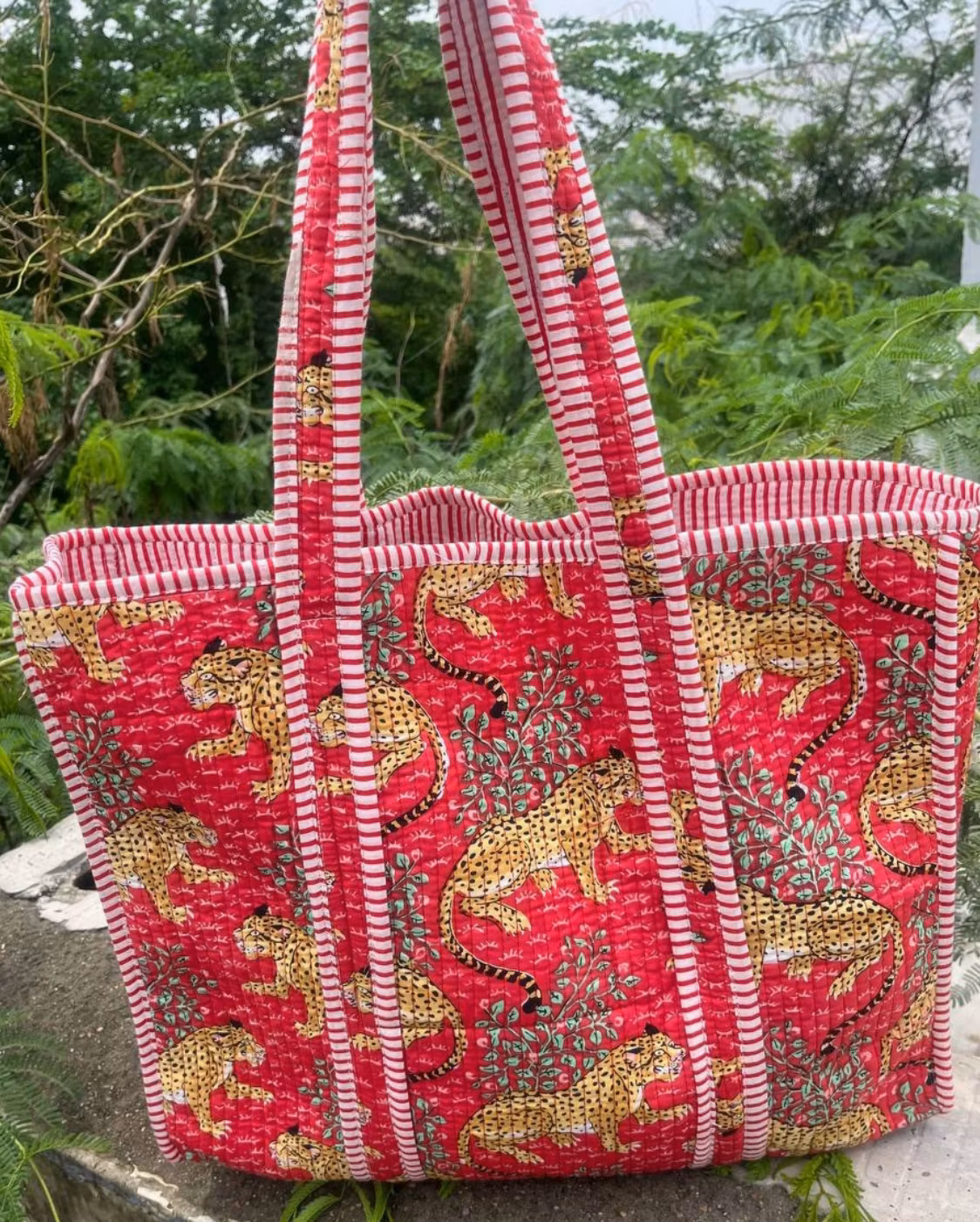 Tiger Printed Cotton Quilted Handbag Women Shoulder Bag Tote