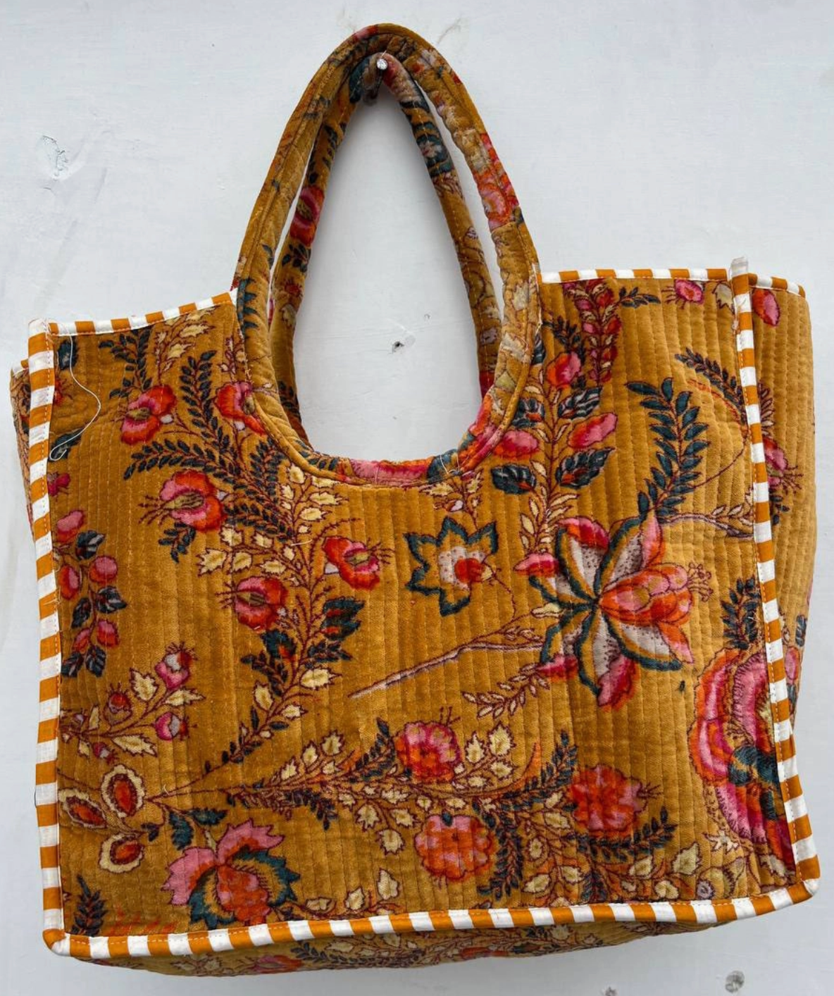 Traditional Floral Print Velvet Tote Bag Quilted Cotton Bags