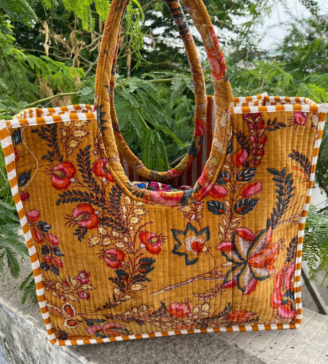 Traditional Floral Print Velvet Tote Bag Quilted Cotton Bags