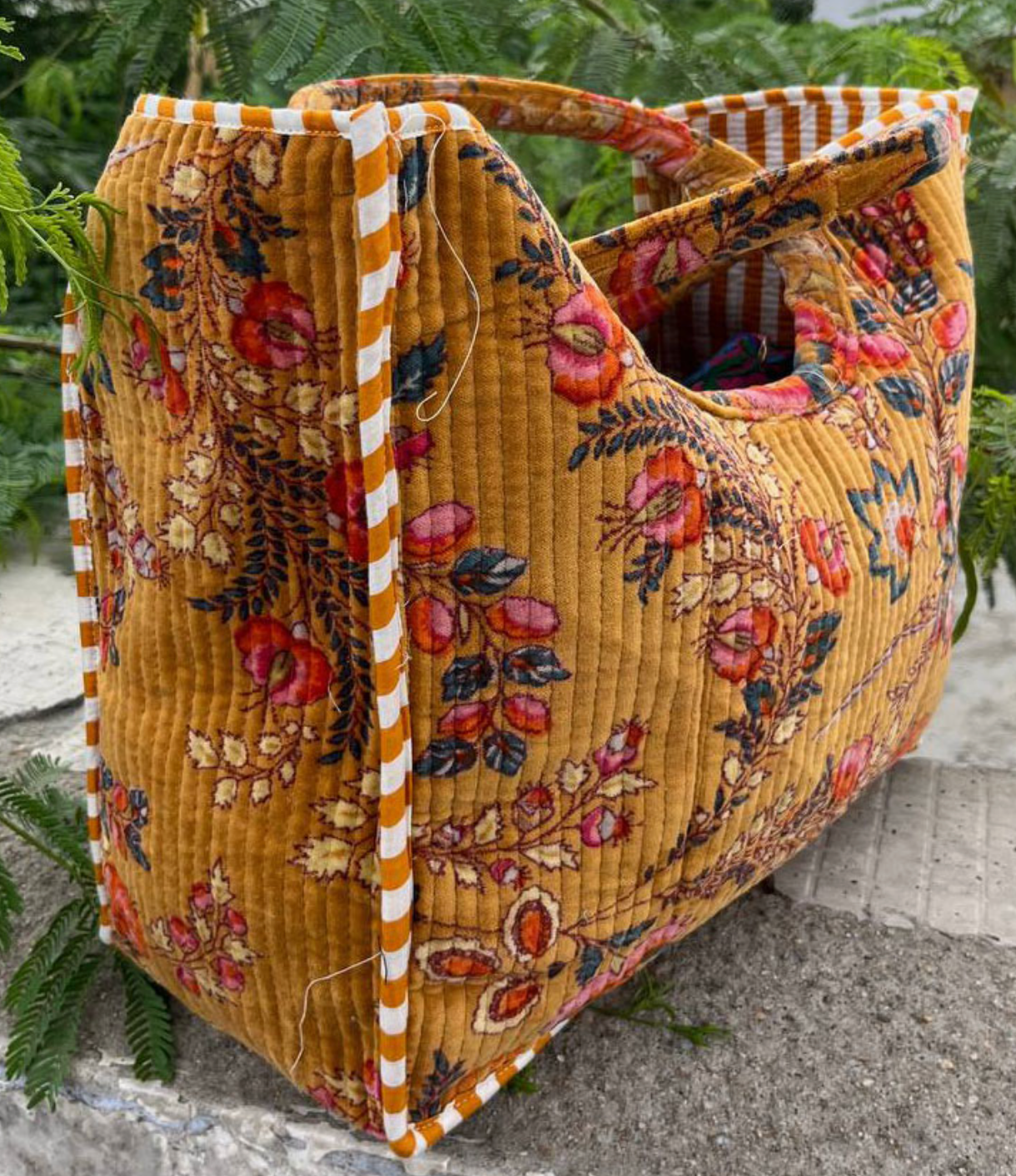 Traditional Floral Print Velvet Tote Bag Quilted Cotton Bags