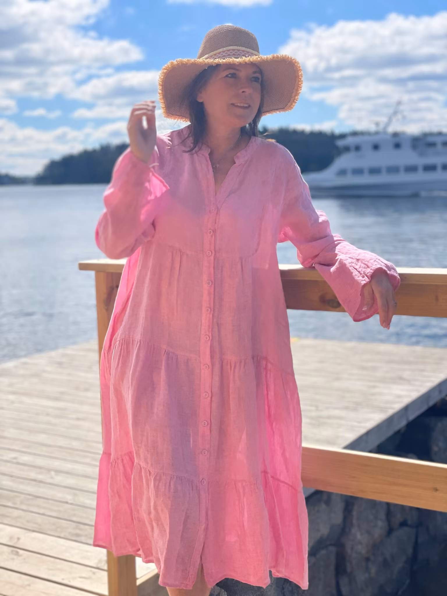 Maxiklänning free spirit med knappar bubble gum pink
