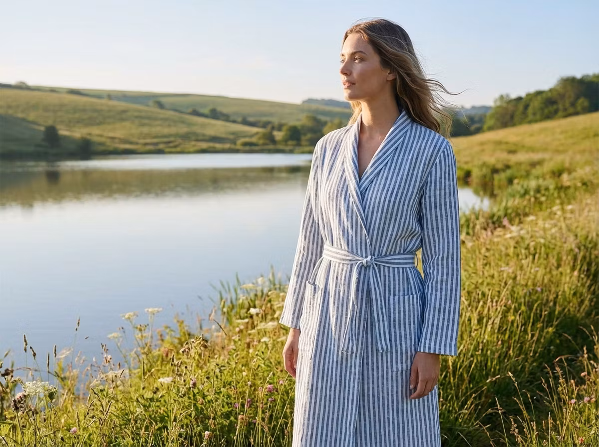 Randiga morgonrock i linne blå