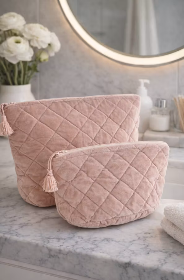 Quiltad necessär i sammet gammal rosa