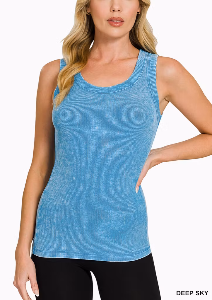 Washed Ribbed Tank Top – Deep Sky, Light Olive & Camel