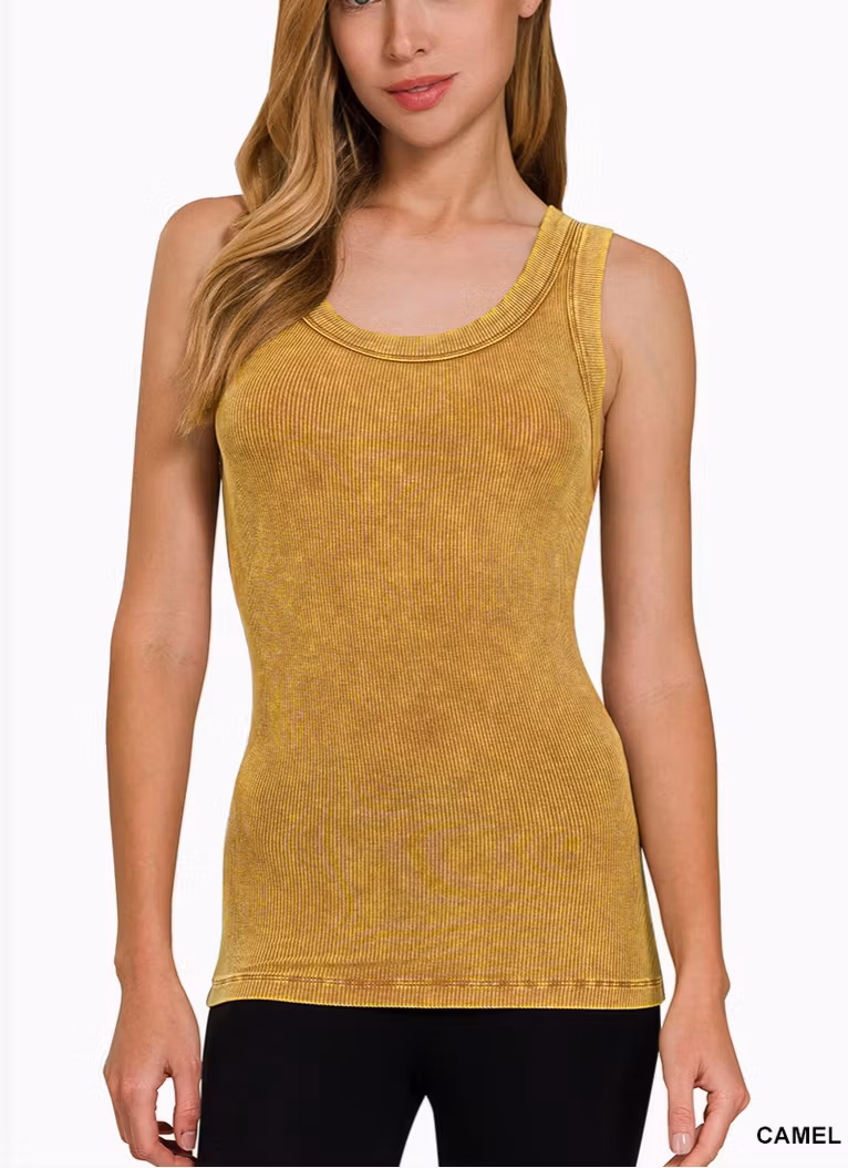 Washed Ribbed Tank Top – Deep Sky, Light Olive & Camel