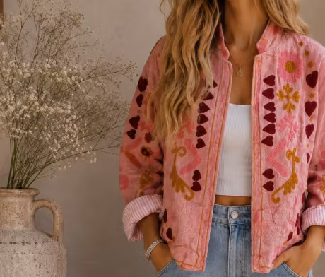 Peace Blossom Jacket-Quiltad bomullsjacka med broderier