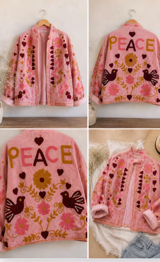 Peace Blossom Jacket-Quiltad bomullsjacka med broderier