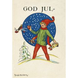 Julkort - Flicka med julfågel -  (minikort A7)