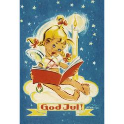 Julkort - Flickängel läser bok - (minikort A7)