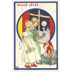 Julkort -  Flickor med ljus - (minikort A7)