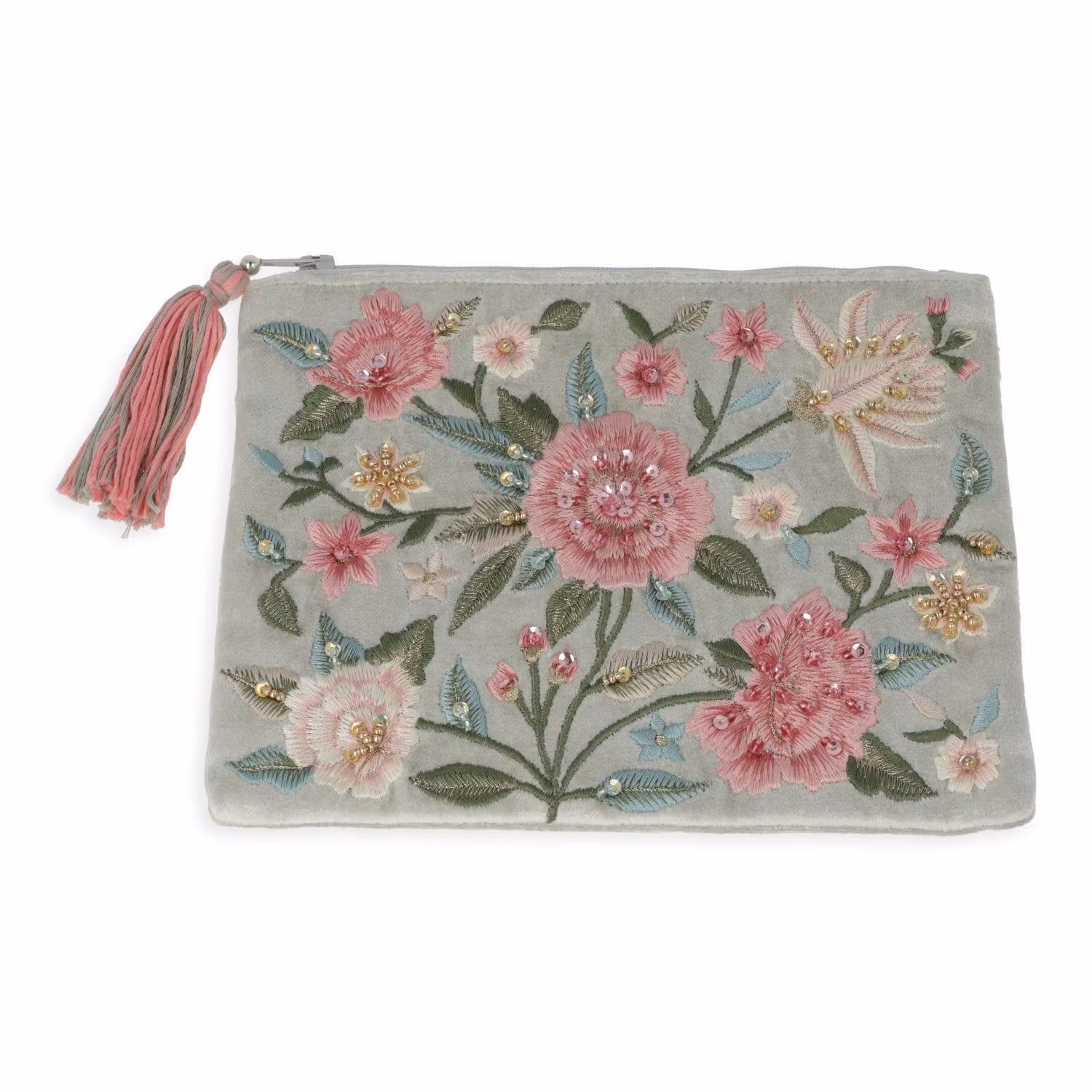 Broderad Necessär, Puderblå med Blommor – För Smycken, Kristaller och Smink