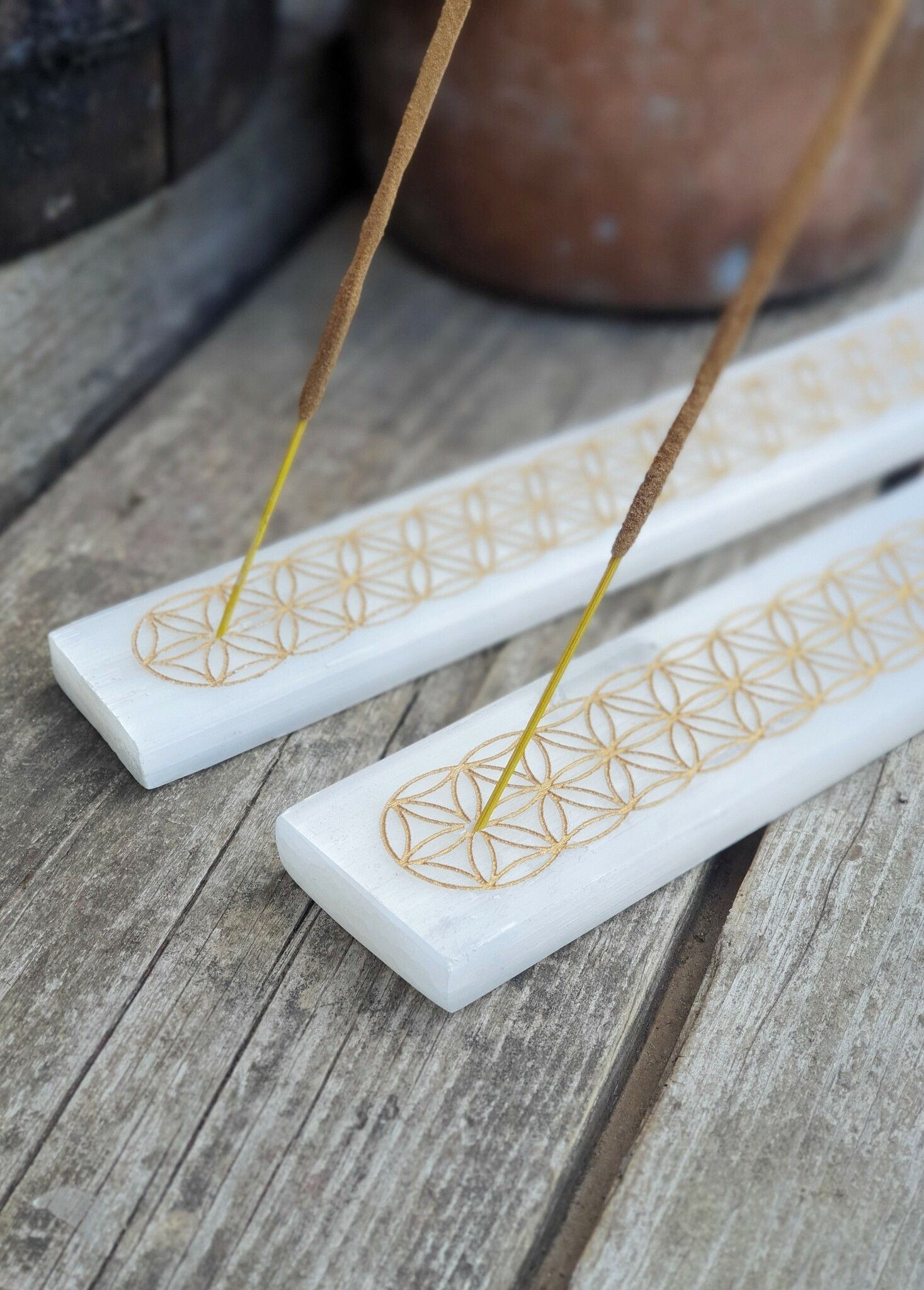 Rökelsehållare Flower Of Life, Vit Selenit platta