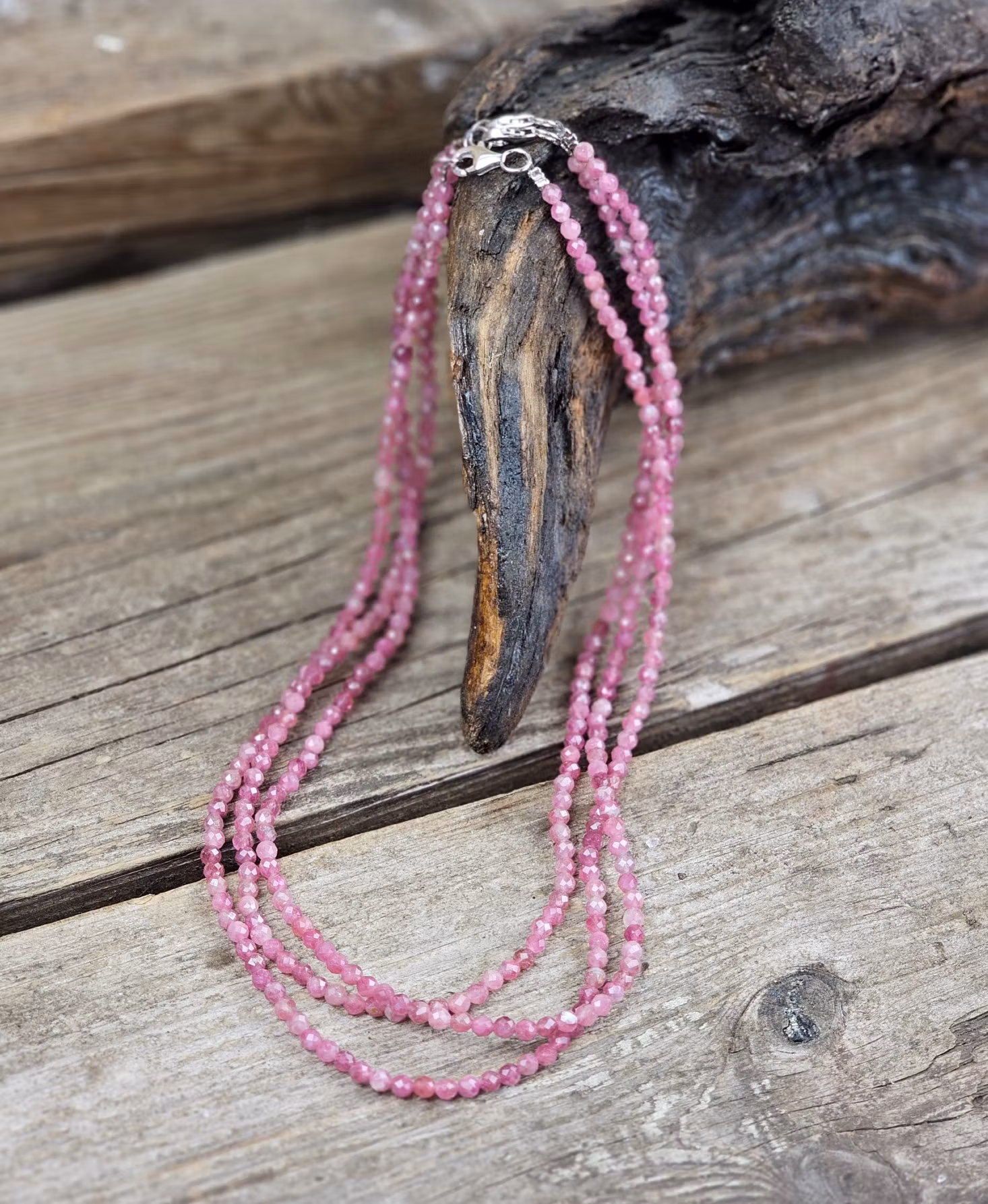Rosa Turmalin, halsband 4mm facetterade pärlor 925s.