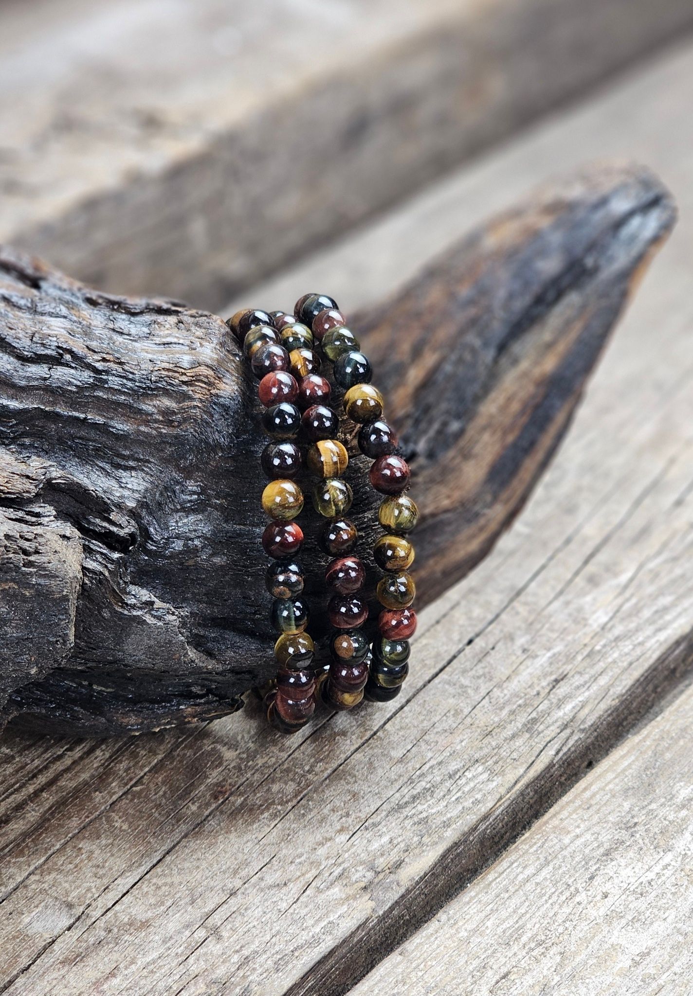 Tigeröga, Falköga & Oxöga mix, armband 6mm runda pärlor