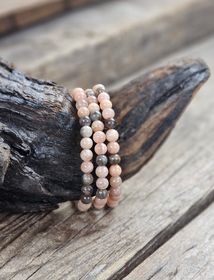 Persikomånsten & Svart Månsten mix, armband 6mm runda pärlor