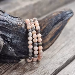 Persikomånsten & Svart Månsten mix, armband 6mm runda pärlor