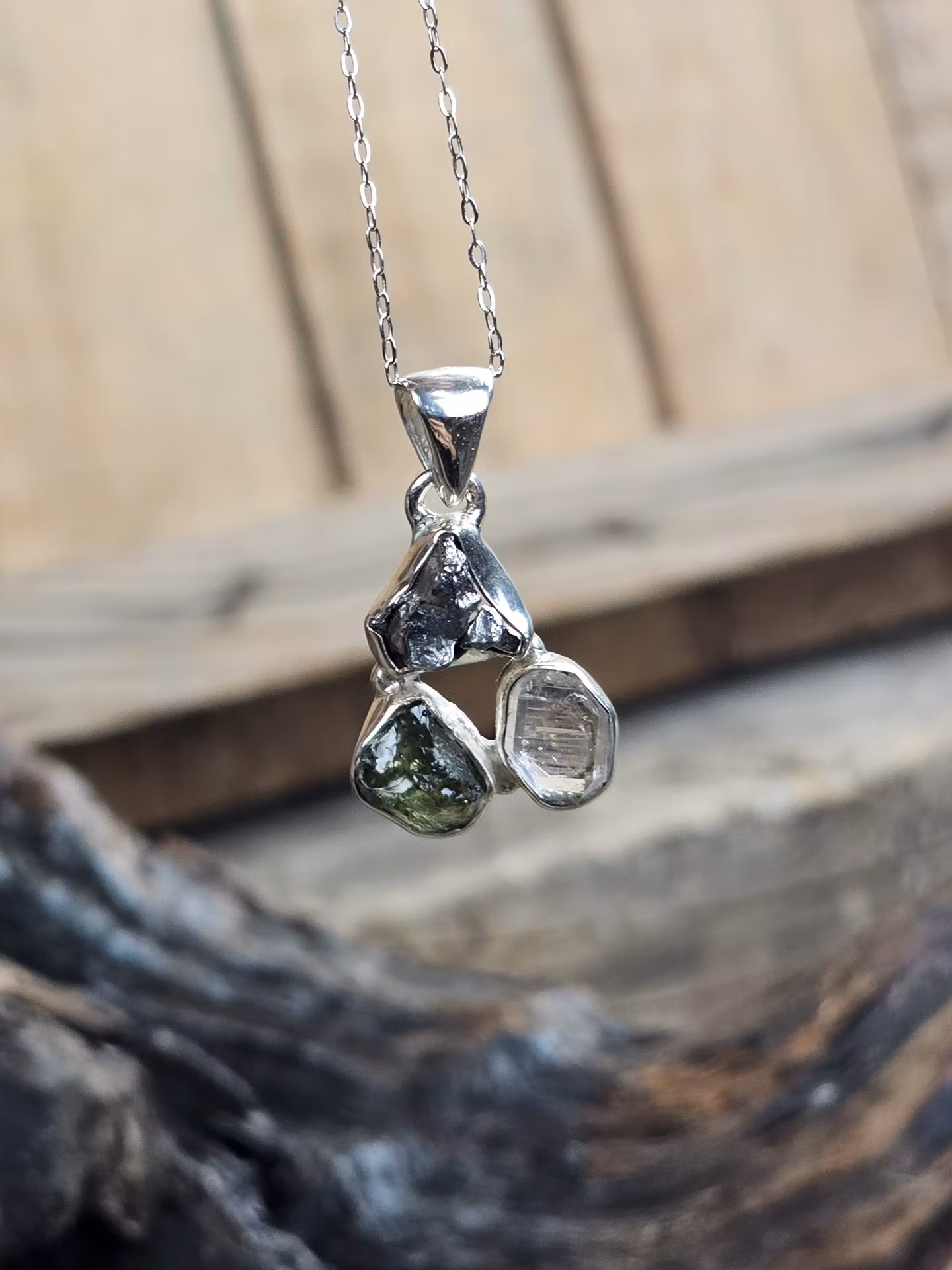 Moldavit, Meteorit & Herkimerdiamant, 925 silverinfattad hänge