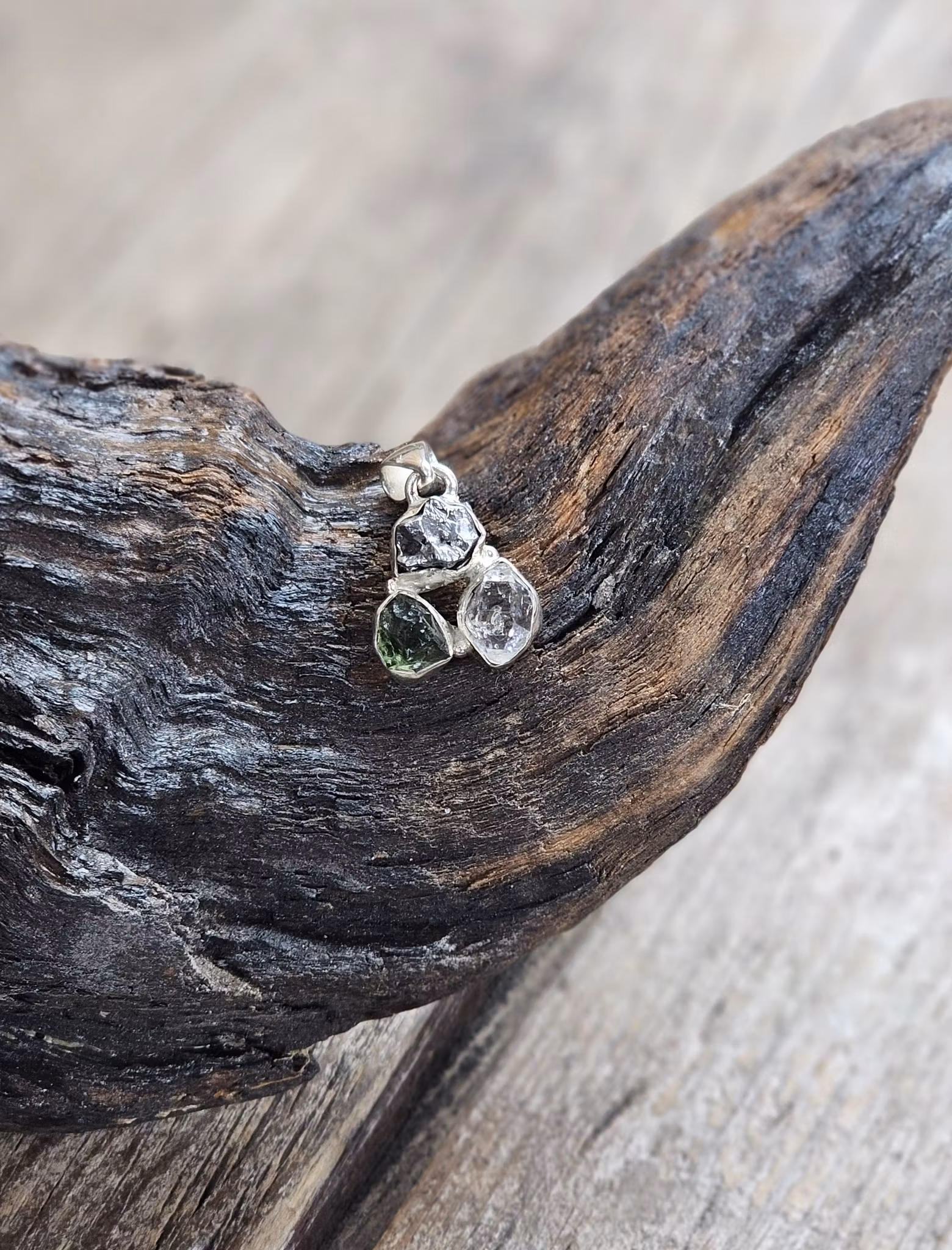 Moldavit, Meteorit & Herkimerdiamant, 925 silverinfattad hänge