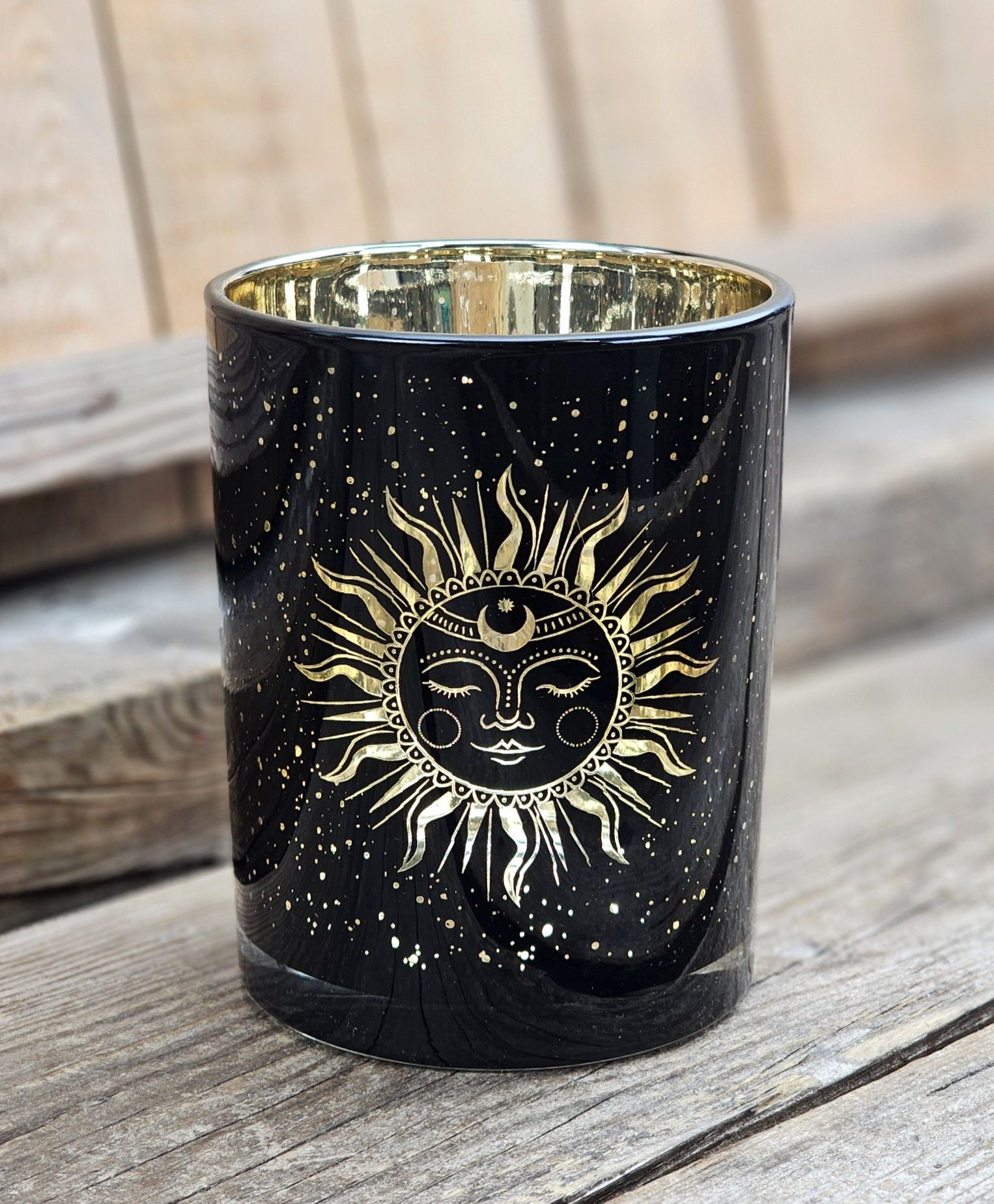 Ljuslykta stor svart & guld, Solen och månen
