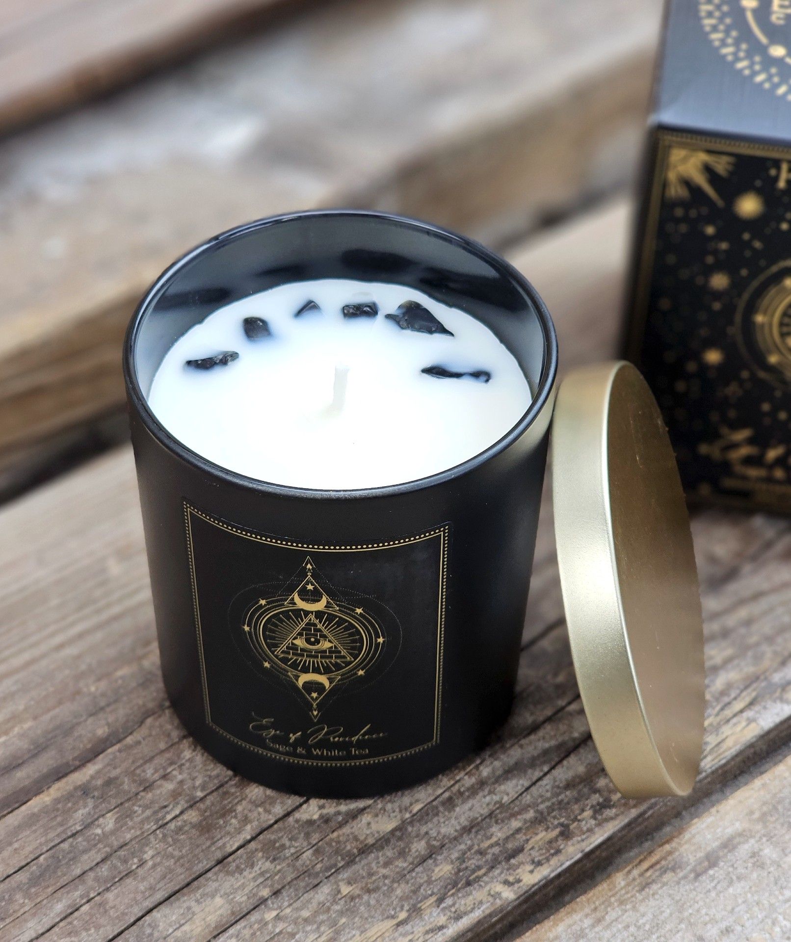 PureWorks - Eye of Providence - Sage & White Tea, doftljus för manifestation med Svart Obsidian 50h