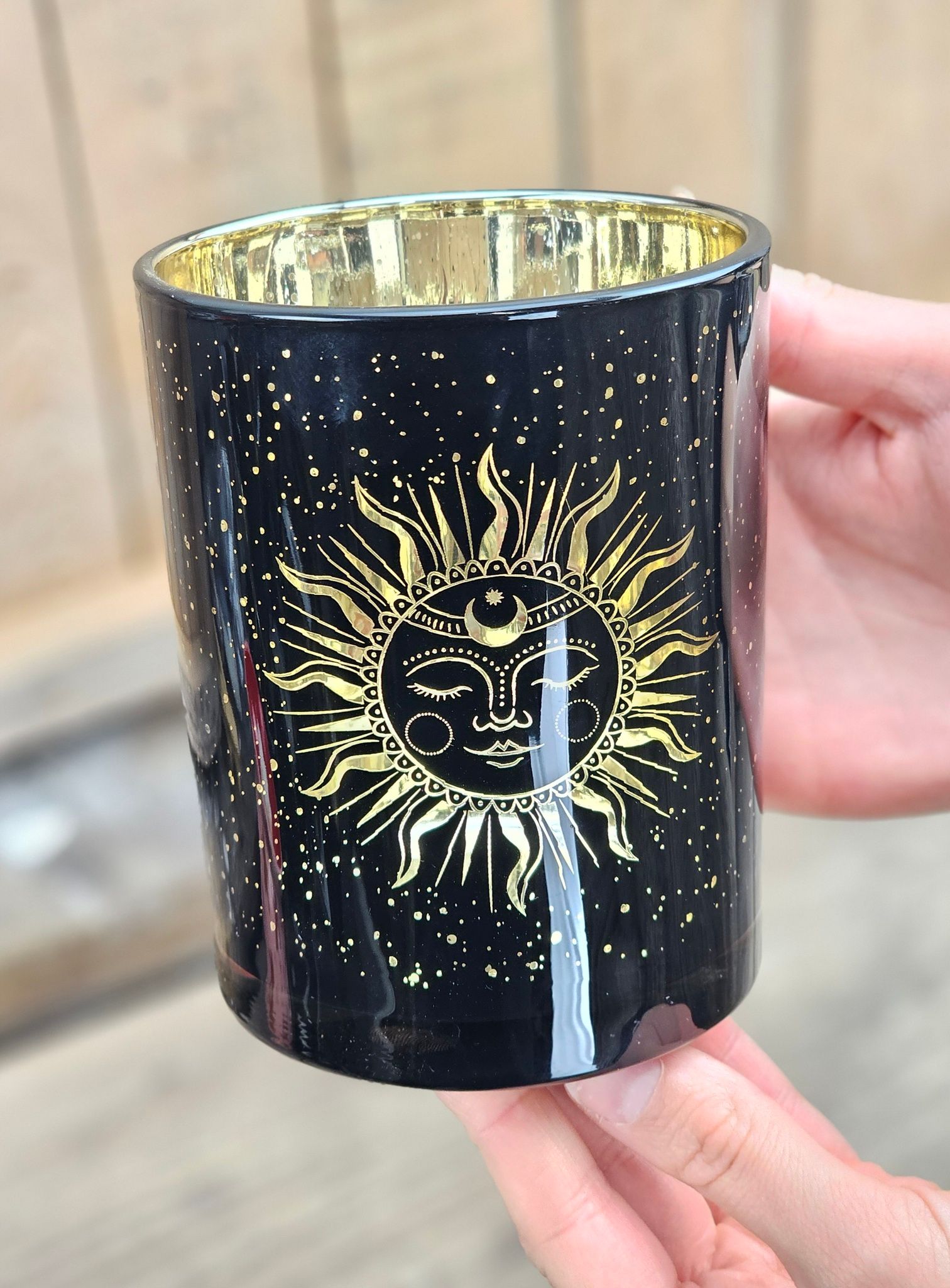 Ljuslykta stor svart & guld, Solen och månen