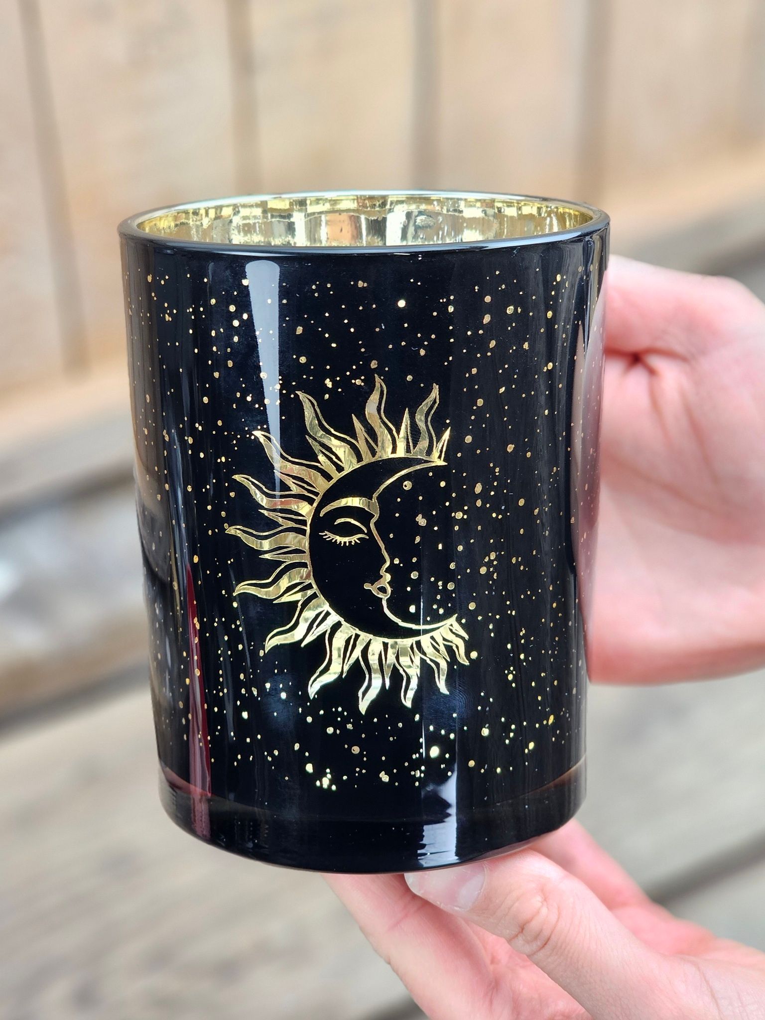 Ljuslykta stor svart & guld, Solen och månen