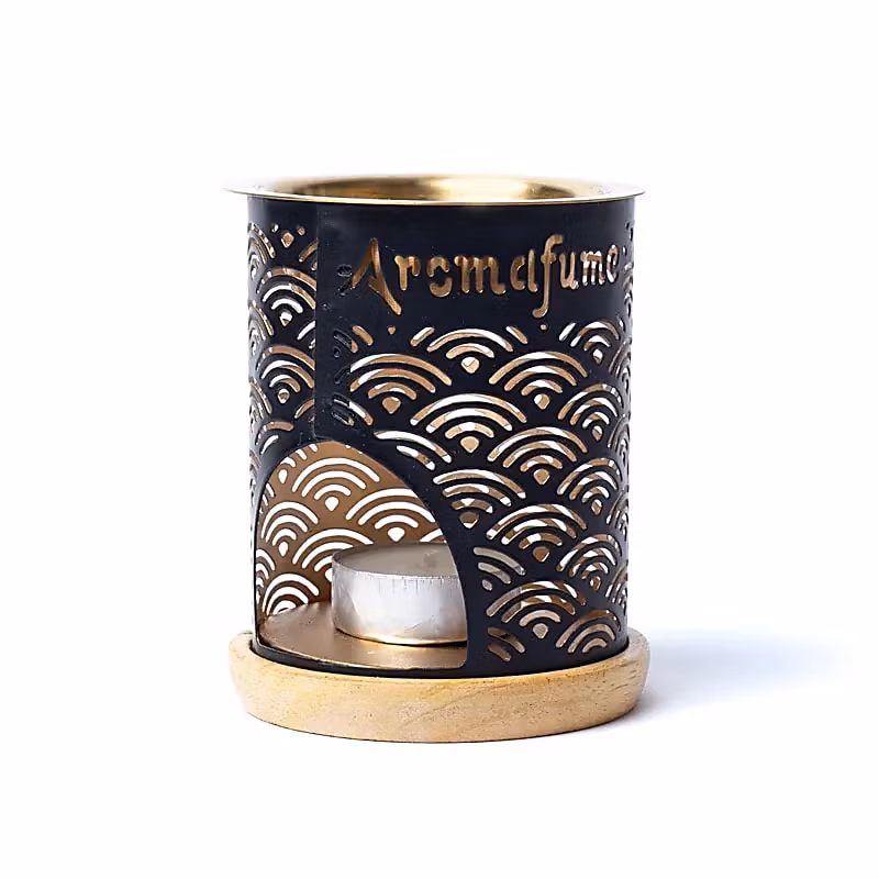 Aromalampa Rainbows, diffuser svart/guld med träunderlägg