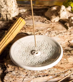 Rökelsehållare i keramik, Flower Of Life rund grå