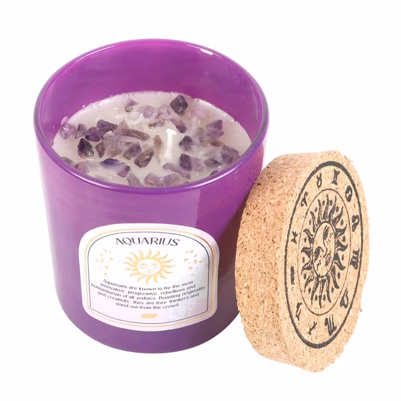 Stjärnteckenljus Vattumannen (Aquarius) - Bergamot & Mandarin, Zodiac doftljus med Ametist 21h