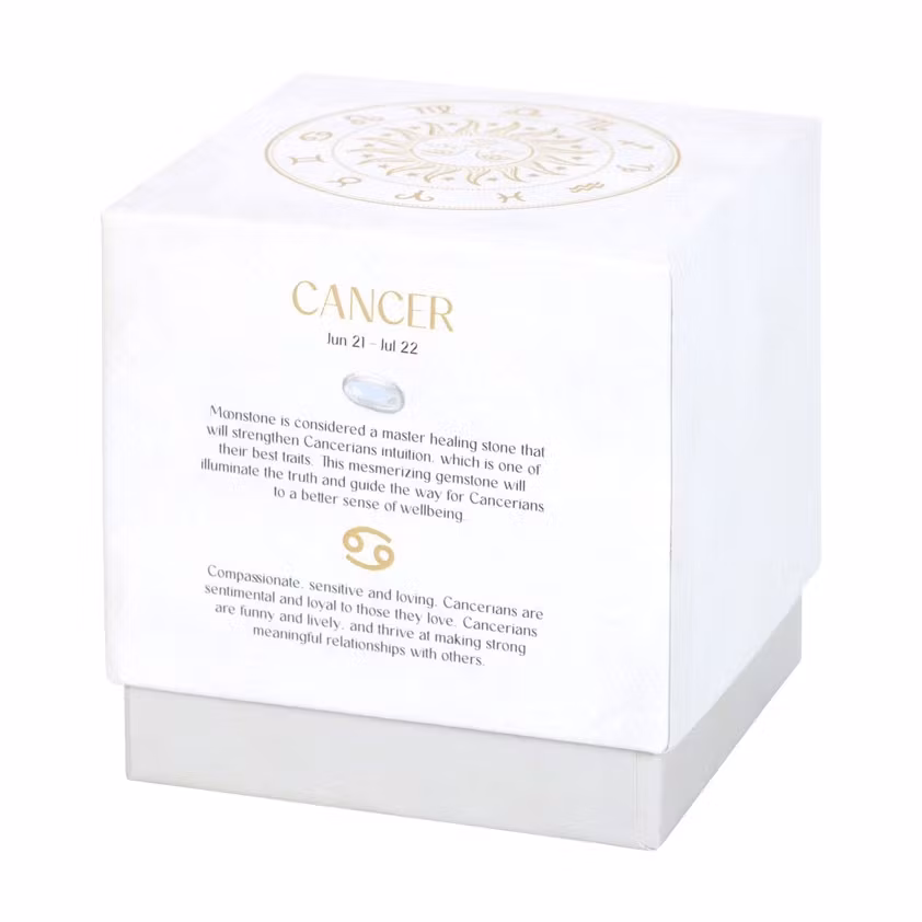 Stjärnteckenljus Kräftan (Cancer) - Orange & Chamomile, Zodiac doftljus med Vit Regnbågsmånsten 21h