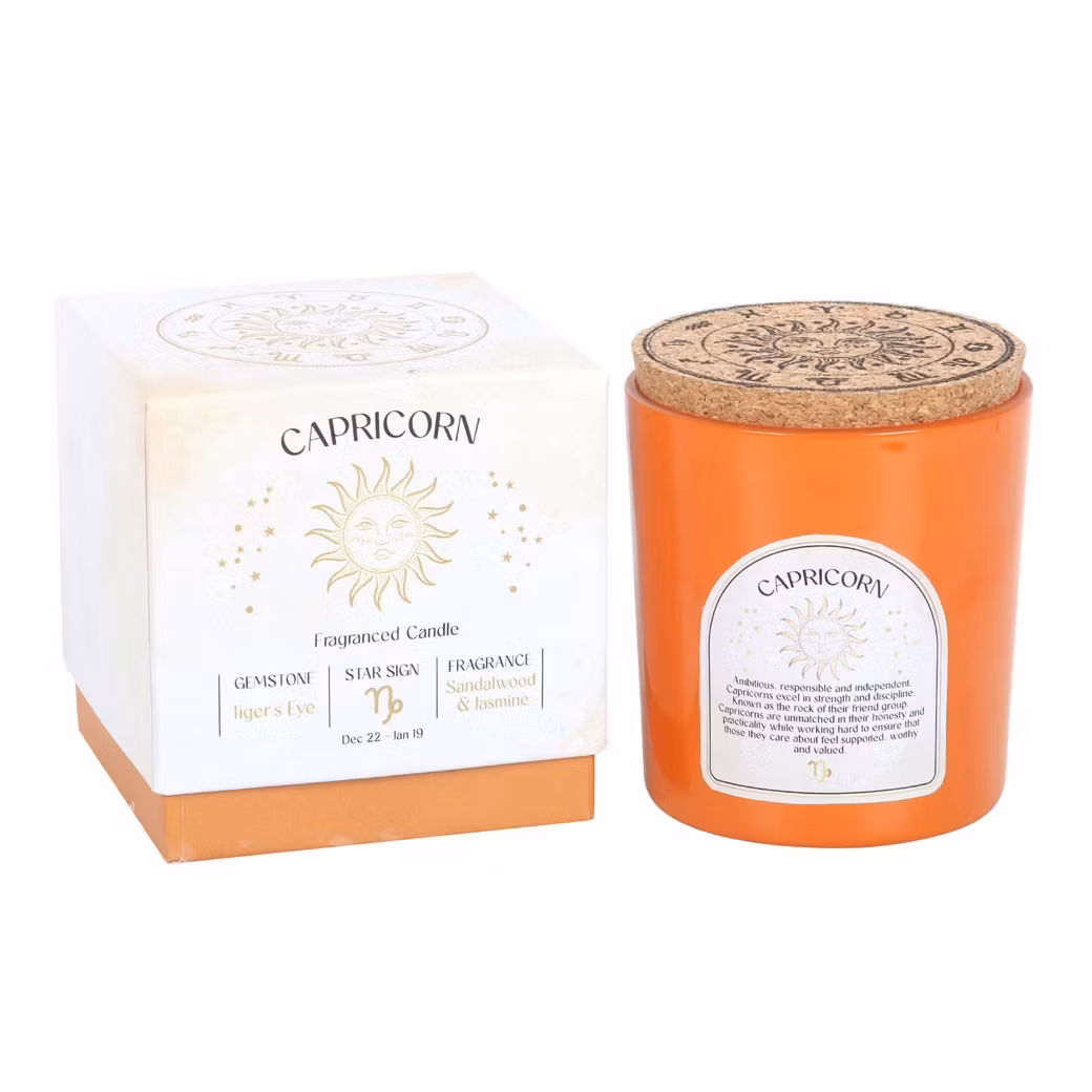 Stjärnteckenljus Stenbocken (Capricorn) - Sandalwood & Jasmine, Zodiac doftljus med Tigeröga 21h