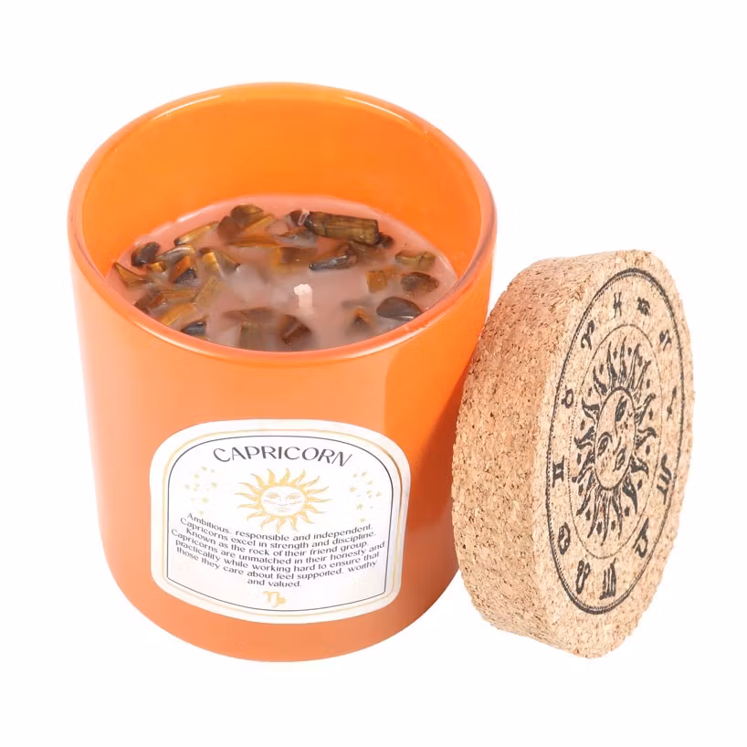 Stjärnteckenljus Stenbocken (Capricorn) - Sandalwood & Jasmine, Zodiac doftljus med Tigeröga 21h