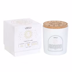 Stjärnteckenljus Jungfrun (Virgo) - Sandalwood & Patchouli, Zodiac doftljus med Bergkristall 21h