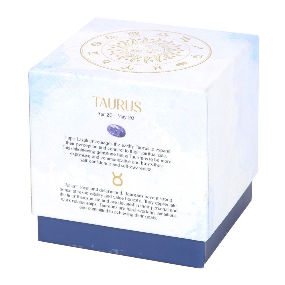 Stjärnteckenljus Oxen (Taurus) - Amber & Vanilla, Zodiac doftljus med Lapis Lazuli 21h