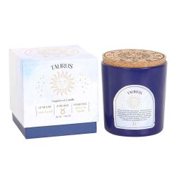 Stjärnteckenljus Oxen (Taurus) - Amber & Vanilla, Zodiac doftljus med Lapis Lazuli 21h