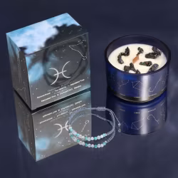 Stjärnteckenljus Fiskarna (Pisces) – Zodiak doftljus med Pyrit & kristallarmband 22 h