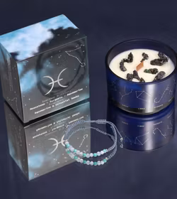 Stjärnteckenljus Fiskarna (Pisces) – Zodiak doftljus med Pyrit & kristallarmband 22 h
