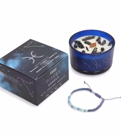 Stjärnteckenljus Fiskarna (Pisces) – Zodiak doftljus med Pyrit & kristallarmband 22 h