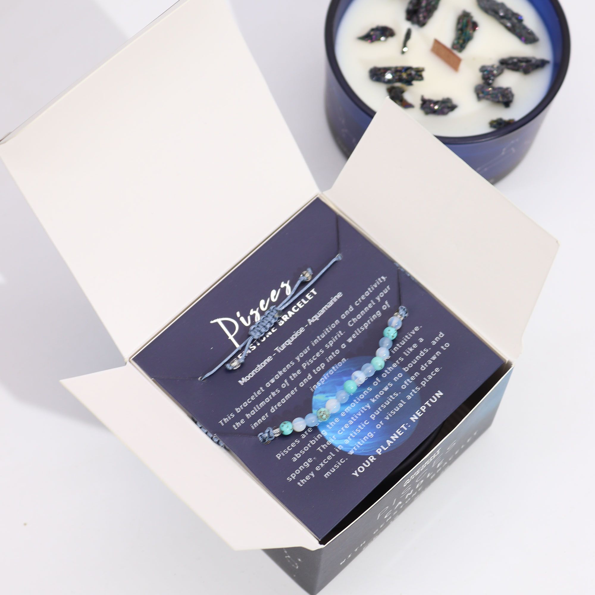 Ancient Wisdom - Zodiac Pisces (Fiskarna), Stjärntecken doftljus kit med Pyrit & kristallarmband