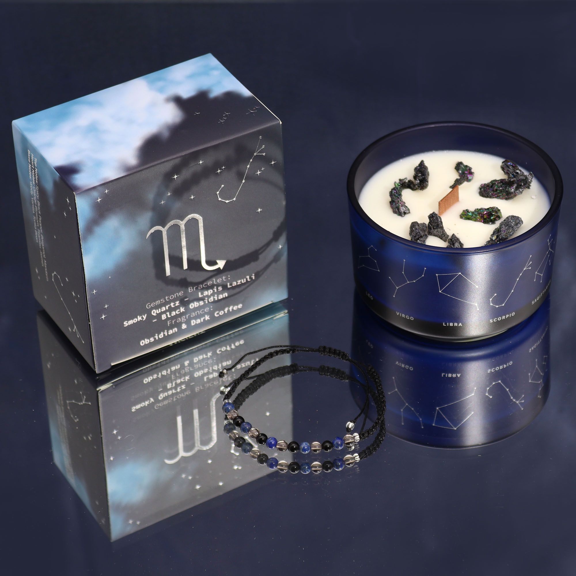 Ancient Wisdom - Zodiac Scorpio (Skorpionen), Stjärntecken doftljus kit med Pyrit & kristallarmband