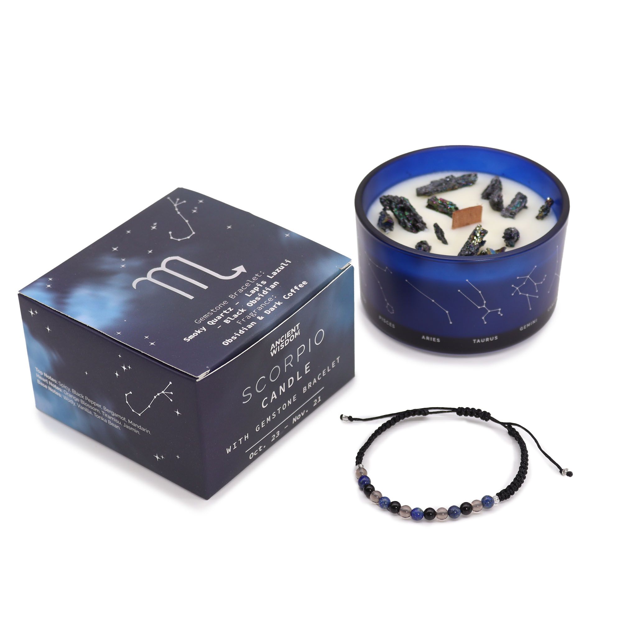 Ancient Wisdom - Zodiac Scorpio (Skorpionen), Stjärntecken doftljus kit med Pyrit & kristallarmband